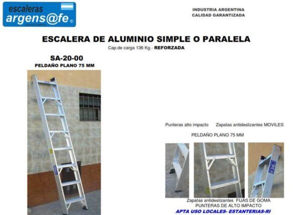 ARGENSAFE escalera aluminio simple apoyo 1 hoja  8 pel. 2,4 mts 136kg