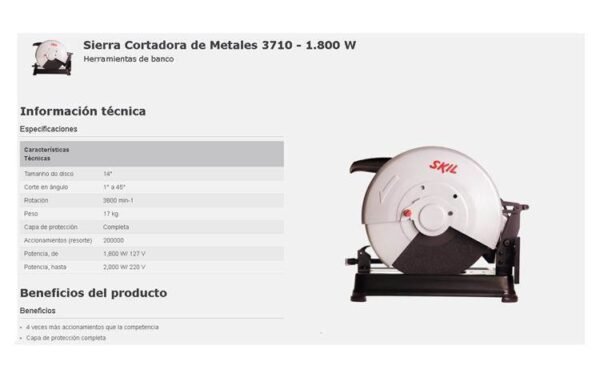 SKIL Sierra Sensitiva 2000 W – 3.800rpm – Tamaño del Disco: 14” – Cable 3mts – Corte de Ángulo: 0-45°