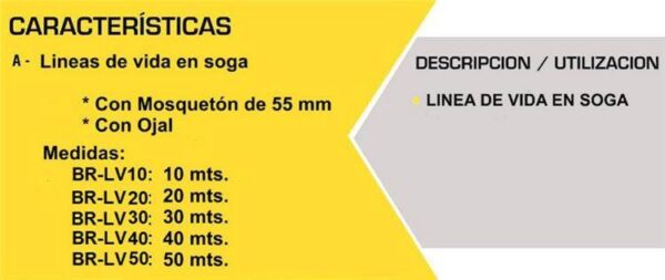 BRALT- Lineas de Vida en Soga 13 mm EXTREMO OJAL 50 MTS